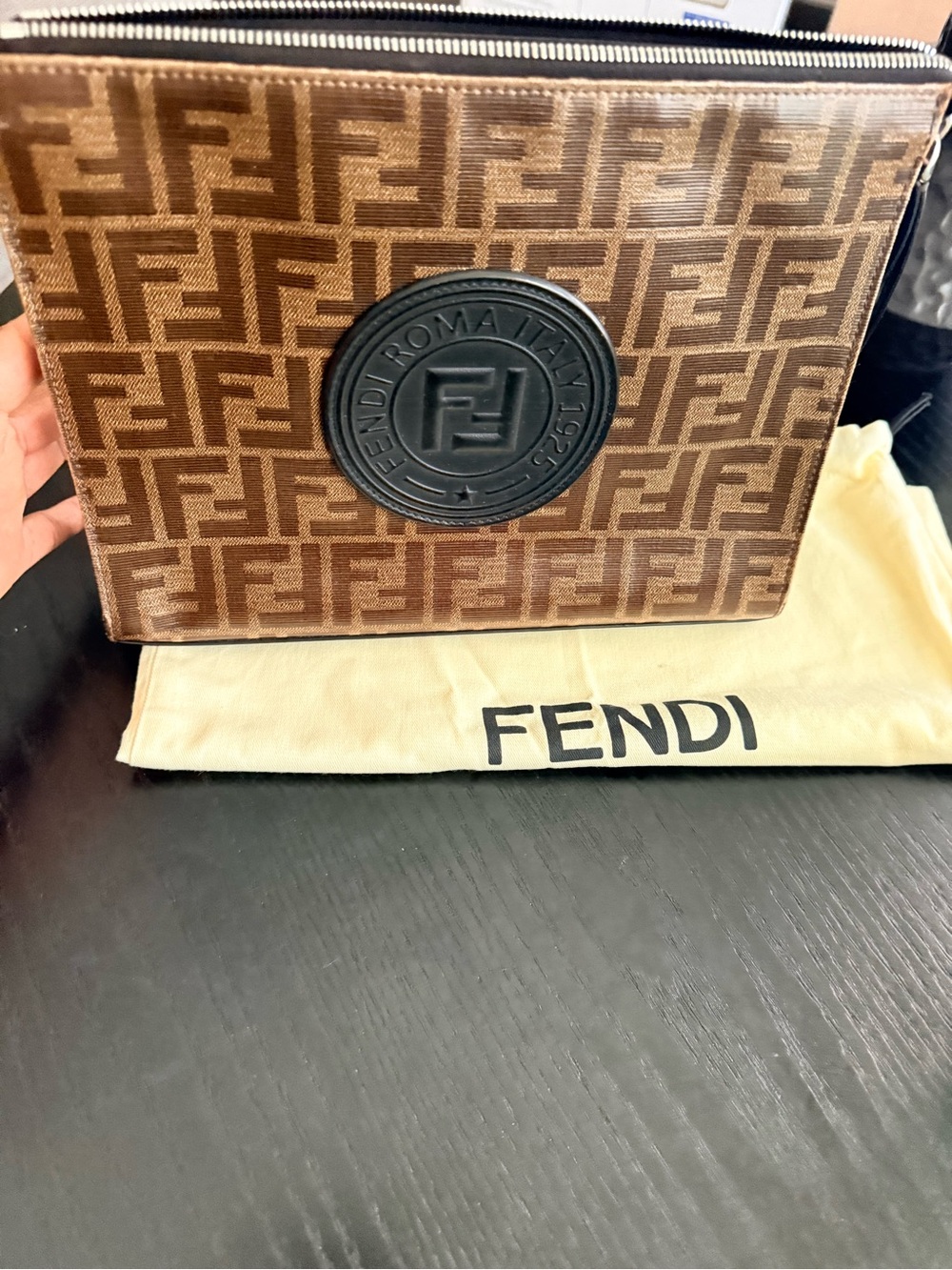 Fendi Brown Monogram Toiletry Pouch with Black Logo Patch